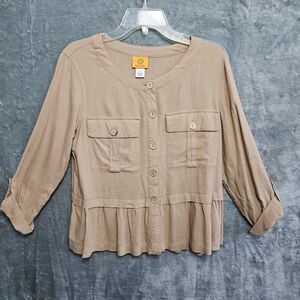 Ruby Rd womens top size small linen rayon roll tab sleeve beige